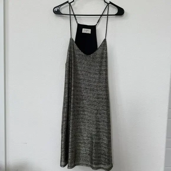 EVERLY Slip Mini Dress Metallic Grid Black Silver Strappy A-Line Cocktail L - Picture 1 of 6